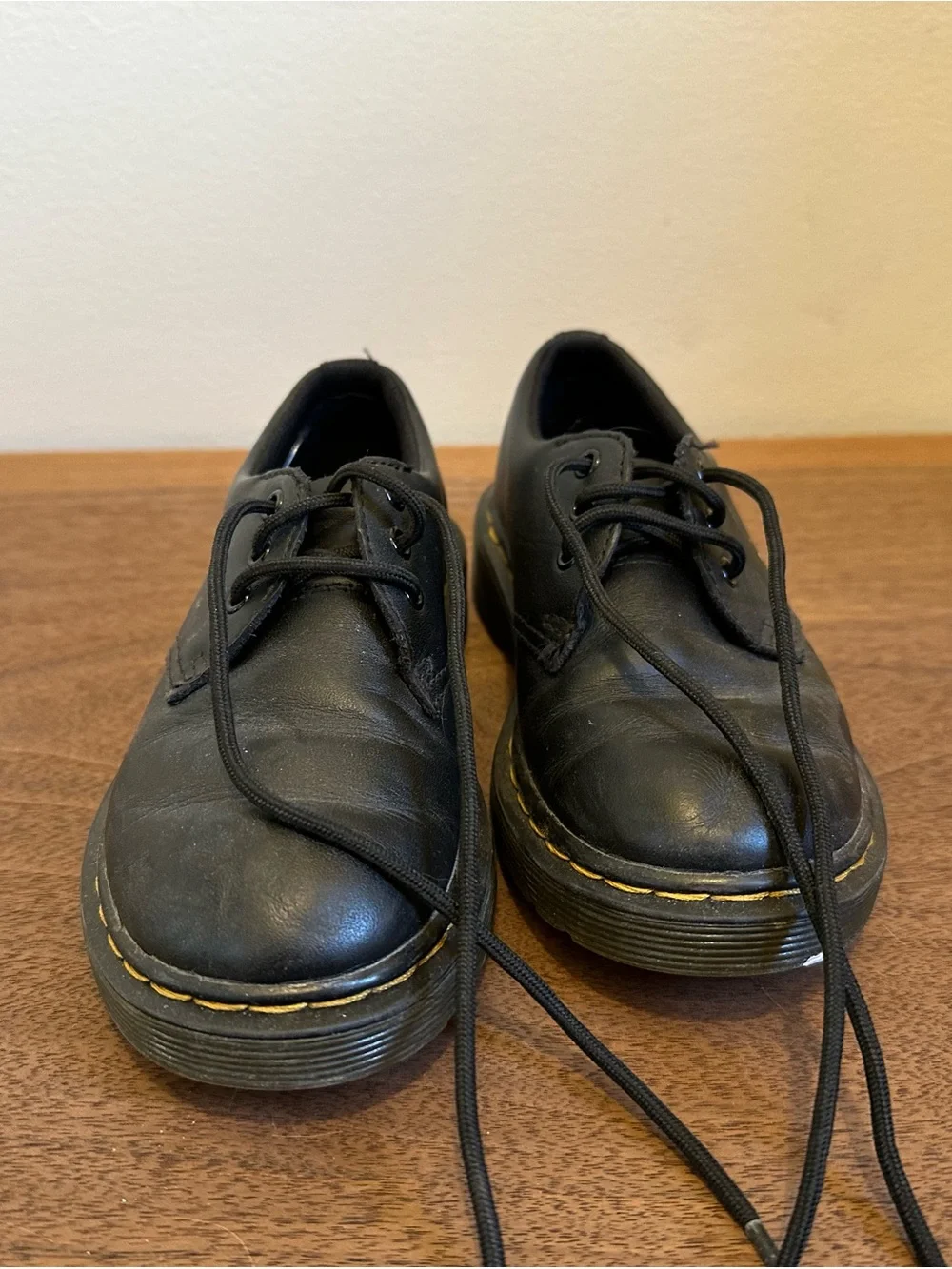 Dr. Martens Boys Black Leather Lace-Up Shoes with Yellow Stitching